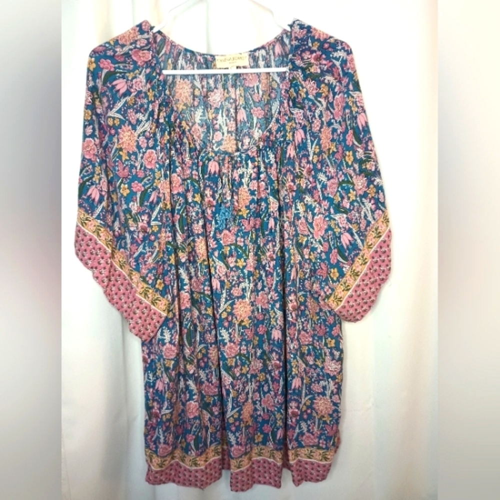Cynthia Rowley Womens Floral Peasant Top 3X Short Bell Sleeve Tassel Cottagecore